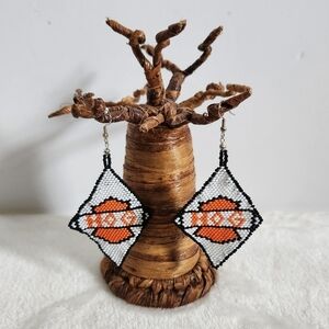 Harley Davidson H-D Hog White Black Orange Beaded Triangle Hook Earrings